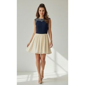 TFNC London Navy & Ivory Beaded‎ Large Fit Flare Dress